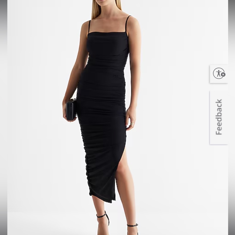 Express Body Contour Mesh Ruched Side Slit Midi Dress